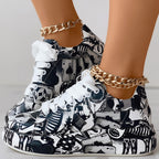 Trendy Women’s Lace-Up Sneakers – Thick Sole, Round Toe Casual Shoes with Eye-Catching Random Print for Daily Comfort