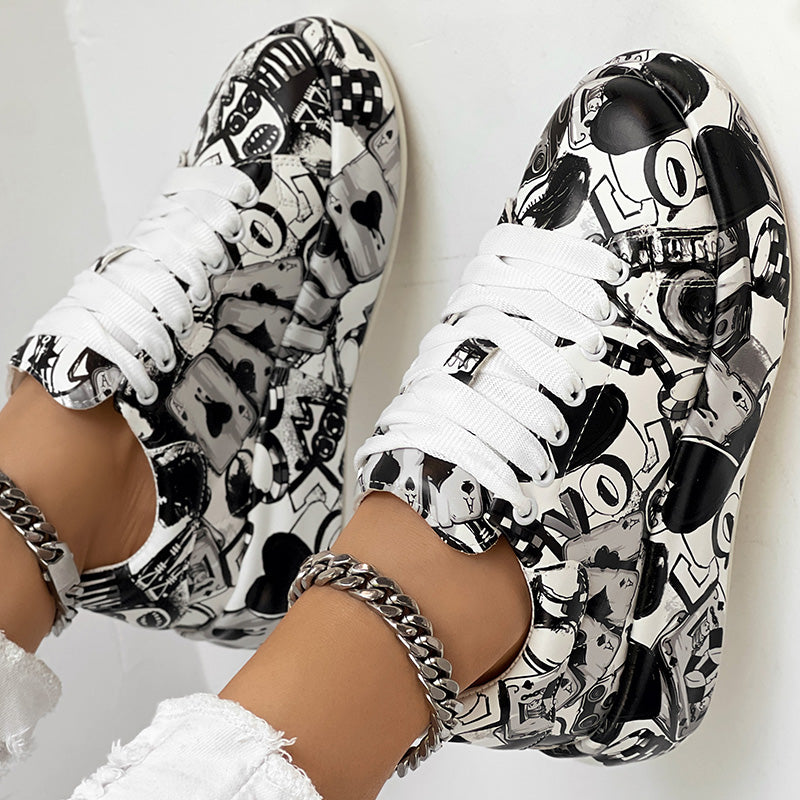 Women's Casual Round Toe Thick Sole Lace-Up Sneakers, Random Print Design, Comfortable Sporty Shoes For Daily Wear