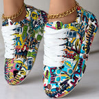 Trendy Women’s Lace-Up Sneakers – Thick Sole, Round Toe Casual Shoes with Eye-Catching Random Print for Daily Comfort