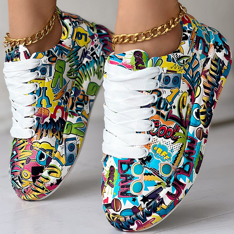 Women's Casual Round Toe Thick Sole Lace-Up Sneakers, Random Print Design, Comfortable Sporty Shoes For Daily Wear