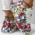 Trendy Women’s Lace-Up Sneakers – Thick Sole, Round Toe Casual Shoes with Eye-Catching Random Print for Daily Comfort