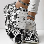 Trendy Women’s Lace-Up Sneakers – Thick Sole, Round Toe Casual Shoes with Eye-Catching Random Print for Daily Comfort