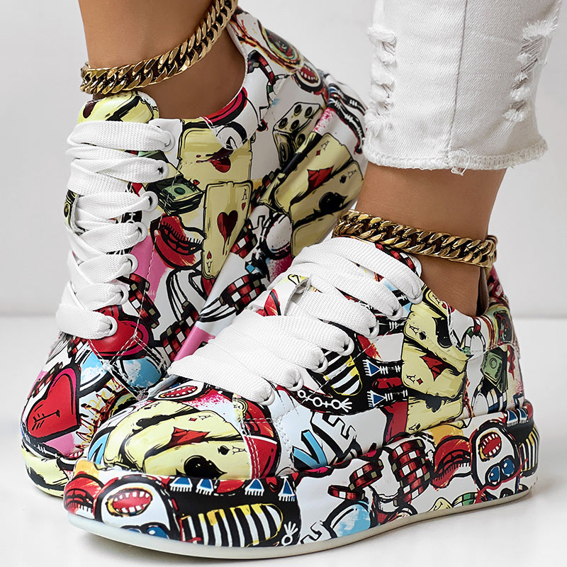 Women's Casual Round Toe Thick Sole Lace-Up Sneakers, Random Print Design, Comfortable Sporty Shoes For Daily Wear