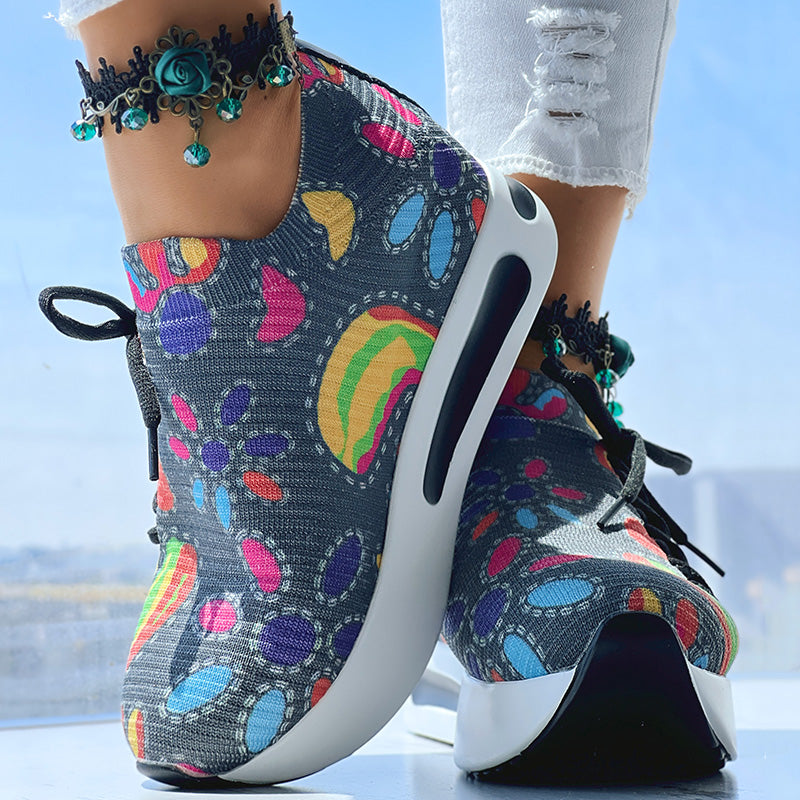 Women's Random Print Side Lace-Up Elastic Sport Shoes, Comfortable Slip-On Sneakers For Women, Casual Daily Wear Footwear