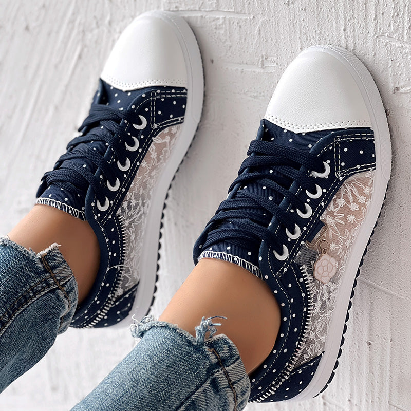 Floral Embroidered Polka Dot Print Sneakers