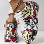 Trendy Women’s Lace-Up Sneakers – Thick Sole, Round Toe Casual Shoes with Eye-Catching Random Print for Daily Comfort