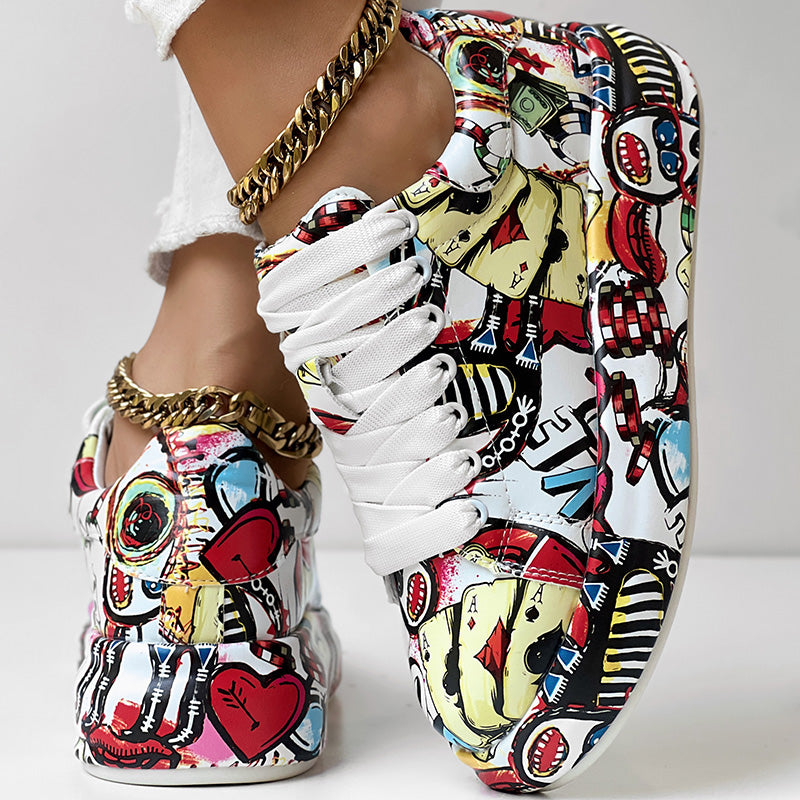 Women's Casual Round Toe Thick Sole Lace-Up Sneakers, Random Print Design, Comfortable Sporty Shoes For Daily Wear