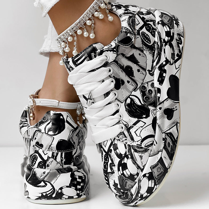 Women's Casual Round Toe Thick Sole Lace-Up Sneakers, Random Print Design, Comfortable Sporty Shoes For Daily Wear