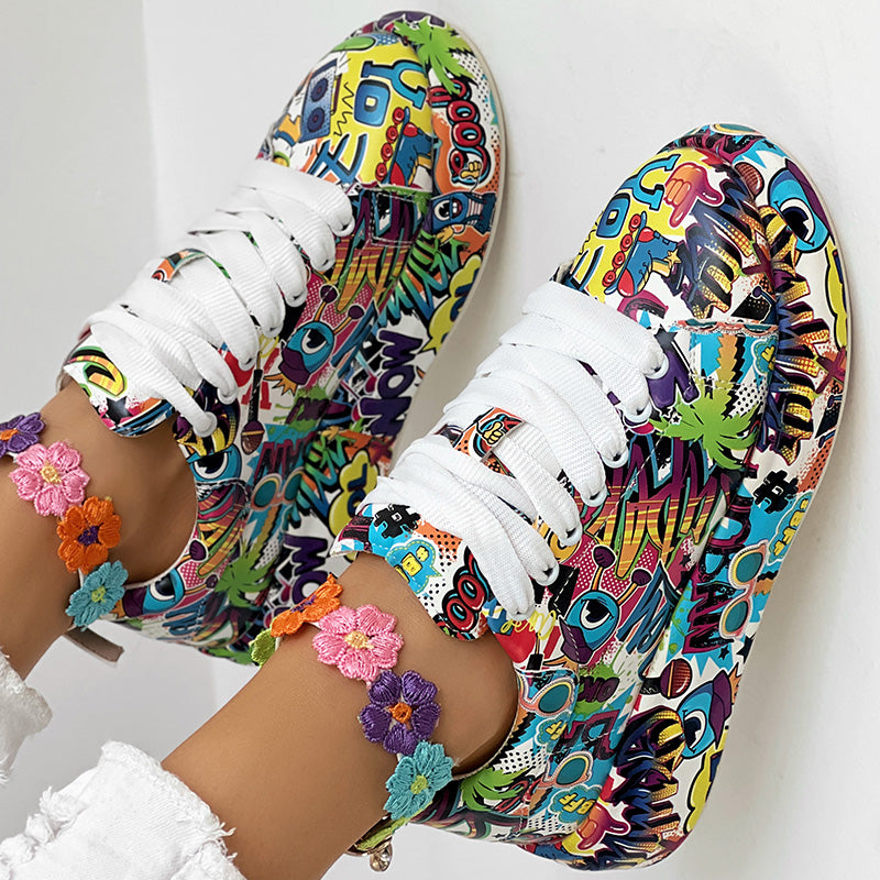Women's Casual Round Toe Thick Sole Lace-Up Sneakers, Random Print Design, Comfortable Sporty Shoes For Daily Wear
