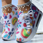 Women's Random Print Side Lace-Up Elastic Sport Shoes, Comfortable Slip-On Sneakers For Women, Casual Daily Wear Footwear