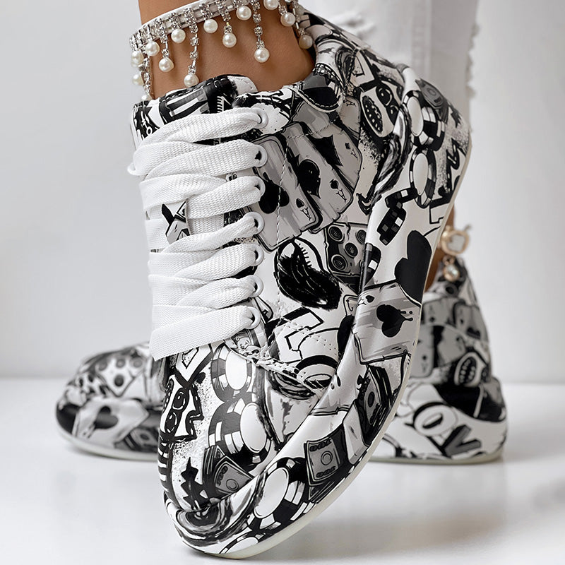 Women's Casual Round Toe Thick Sole Lace-Up Sneakers, Random Print Design, Comfortable Sporty Shoes For Daily Wear