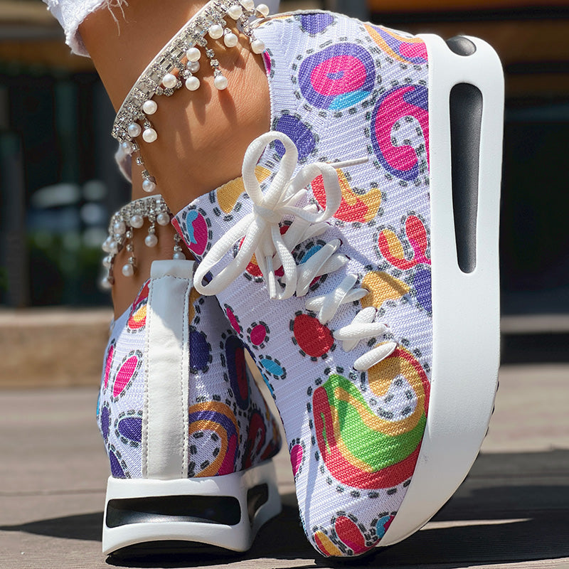 Women's Random Print Side Lace-Up Elastic Sport Shoes, Comfortable Slip-On Sneakers For Women, Casual Daily Wear Footwear