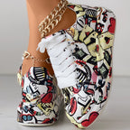Trendy Women’s Lace-Up Sneakers – Thick Sole, Round Toe Casual Shoes with Eye-Catching Random Print for Daily Comfort