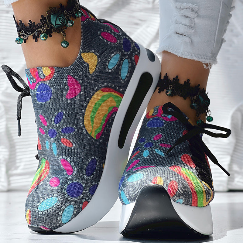 Women's Random Print Side Lace-Up Elastic Sport Shoes, Comfortable Slip-On Sneakers For Women, Casual Daily Wear Footwear