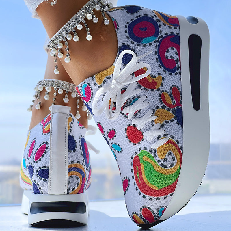 Women's Random Print Side Lace-Up Elastic Sport Shoes, Comfortable Slip-On Sneakers For Women, Casual Daily Wear Footwear