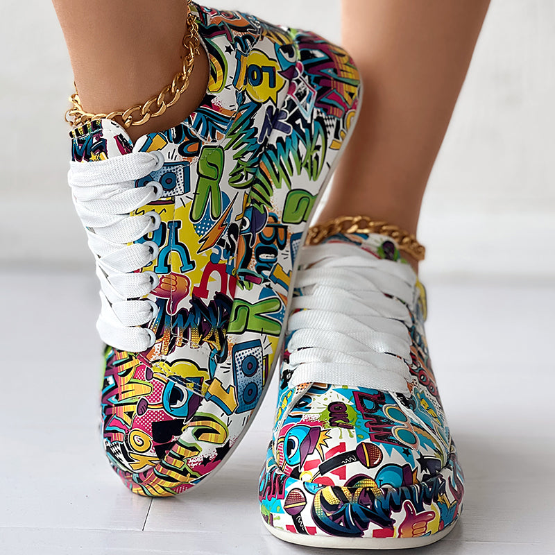 Women's Casual Round Toe Thick Sole Lace-Up Sneakers, Random Print Design, Comfortable Sporty Shoes For Daily Wear