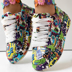 Trendy Women’s Lace-Up Sneakers – Thick Sole, Round Toe Casual Shoes with Eye-Catching Random Print for Daily Comfort