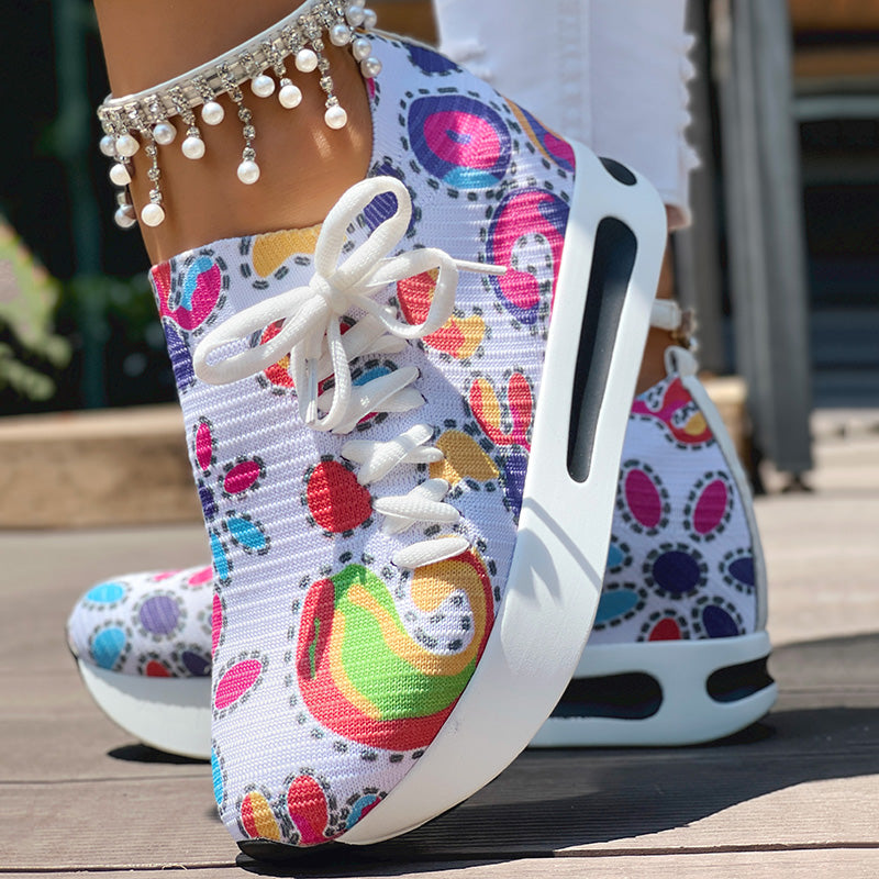 Women's Random Print Side Lace-Up Elastic Sport Shoes, Comfortable Slip-On Sneakers For Women, Casual Daily Wear Footwear