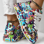 Trendy Women’s Lace-Up Sneakers – Thick Sole, Round Toe Casual Shoes with Eye-Catching Random Print for Daily Comfort