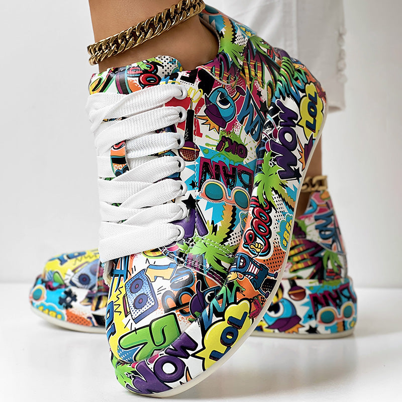 Women's Casual Round Toe Thick Sole Lace-Up Sneakers, Random Print Design, Comfortable Sporty Shoes For Daily Wear