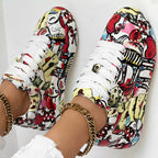 Trendy Women’s Lace-Up Sneakers – Thick Sole, Round Toe Casual Shoes with Eye-Catching Random Print for Daily Comfort