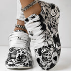 Trendy Women’s Lace-Up Sneakers – Thick Sole, Round Toe Casual Shoes with Eye-Catching Random Print for Daily Comfort