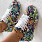 Trendy Women’s Lace-Up Sneakers – Thick Sole, Round Toe Casual Shoes with Eye-Catching Random Print for Daily Comfort