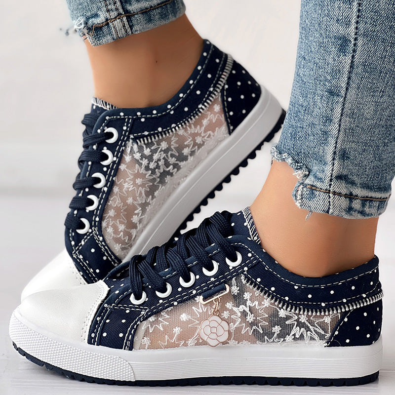 Floral Embroidered Polka Dot Print Sneakers