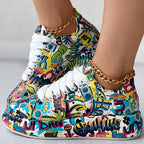 Trendy Women’s Lace-Up Sneakers – Thick Sole, Round Toe Casual Shoes with Eye-Catching Random Print for Daily Comfort