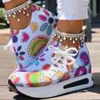 Women's Random Print Side Lace-Up Elastic Sport Shoes, Comfortable Slip-On Sneakers For Women, Casual Daily Wear Footwear